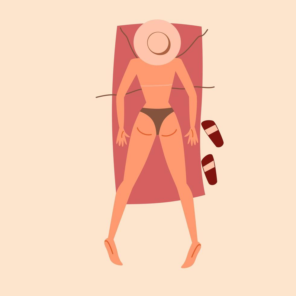 A woman is lying on her stomach and sunbathing on the sand. vector