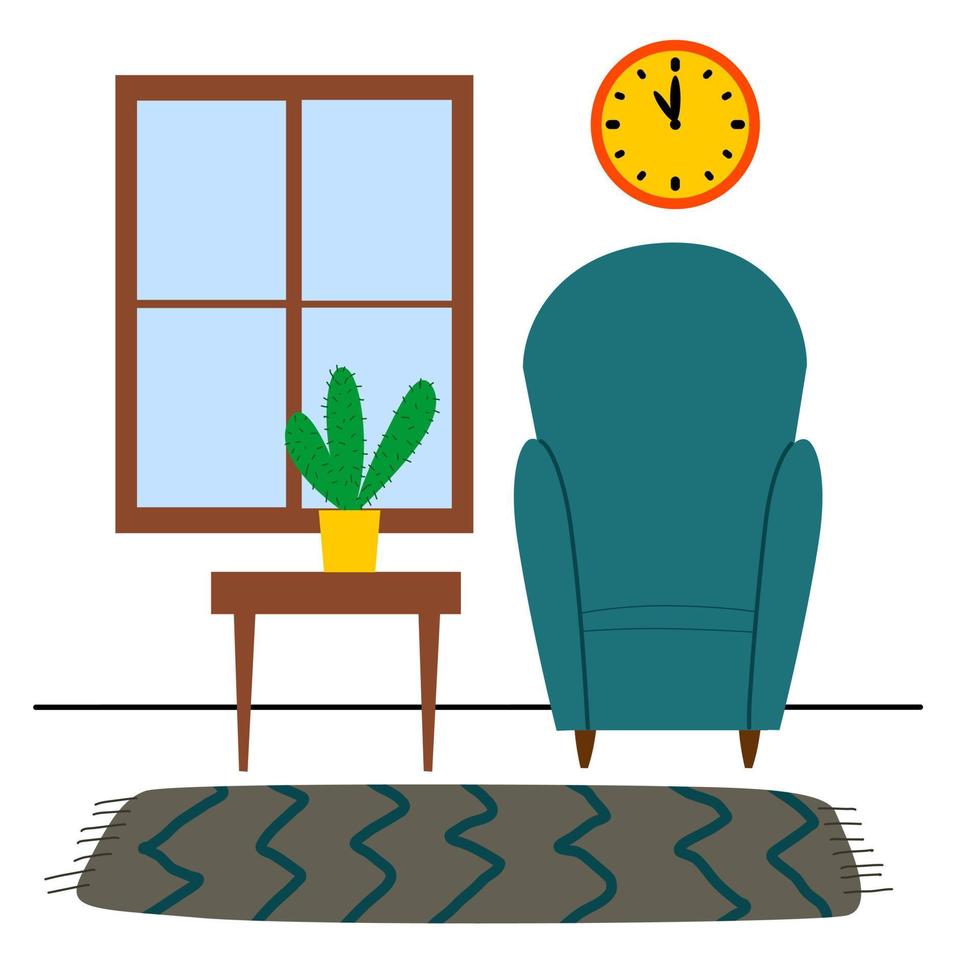 The interior of a cozy living room. A comfortable armchair, a window, a carpet, a clock and a houseplant on the table. vector