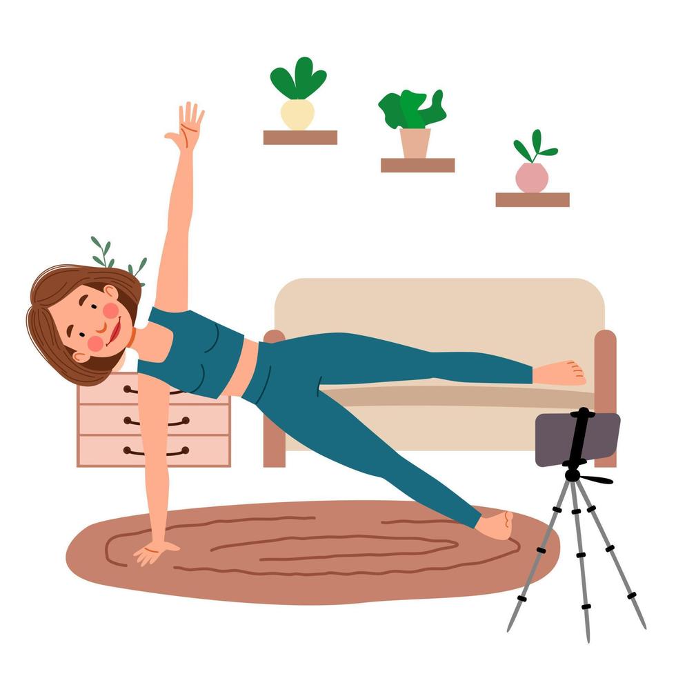 The girl takes online classes on the phone, does yoga. The concept of Stay at home. vector