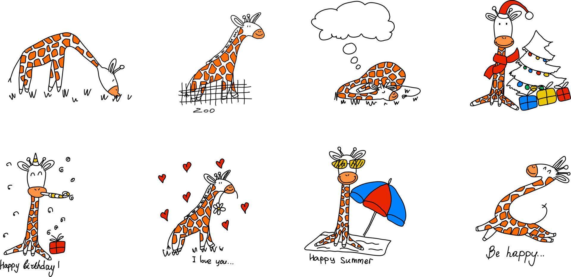 A set with a giraffe in different situations, isolated in the style of doodles. vector