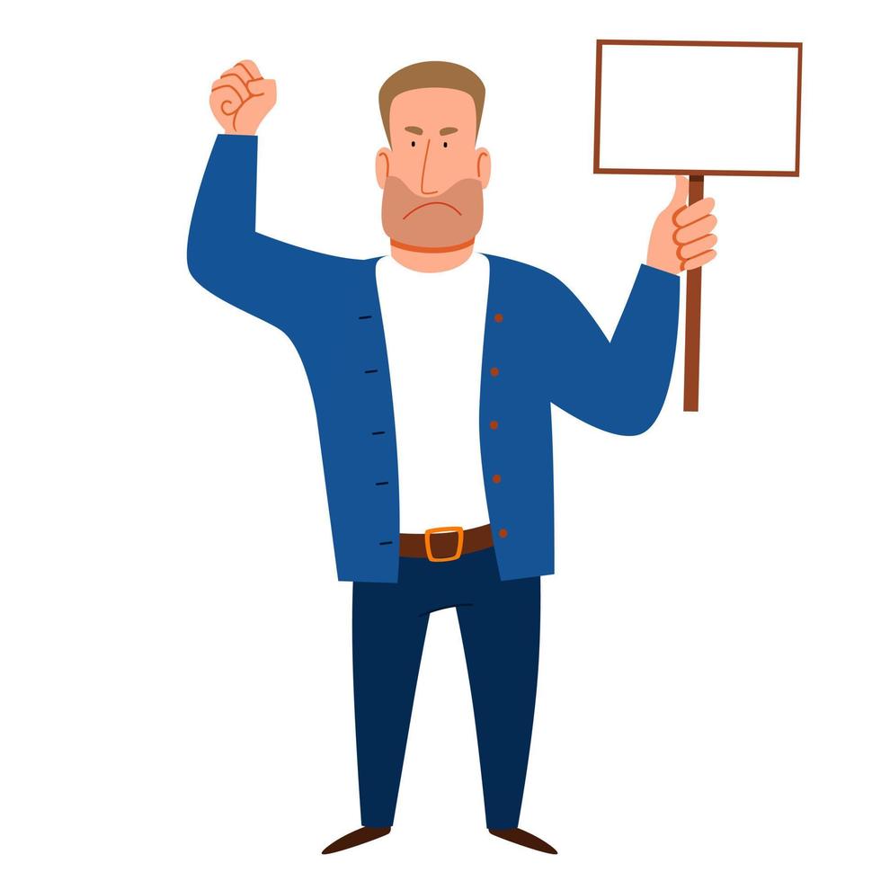 A strong man with a sign for the text in his hand. A protesting person against discrimination with a raised fist . vector