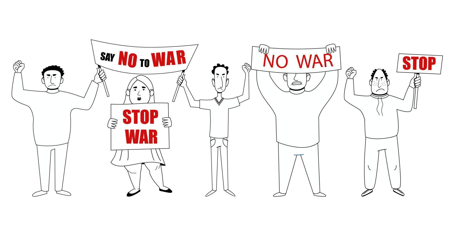 Protesting crowd of people with posters No to war. vector illustration