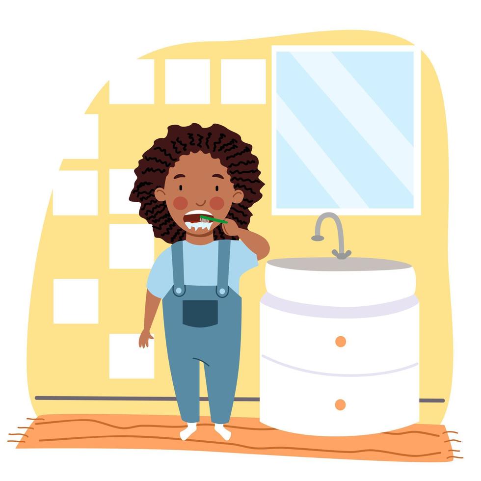 A black girl with dreadlocks in pajamas is brushing her teeth in the bathroom. vector