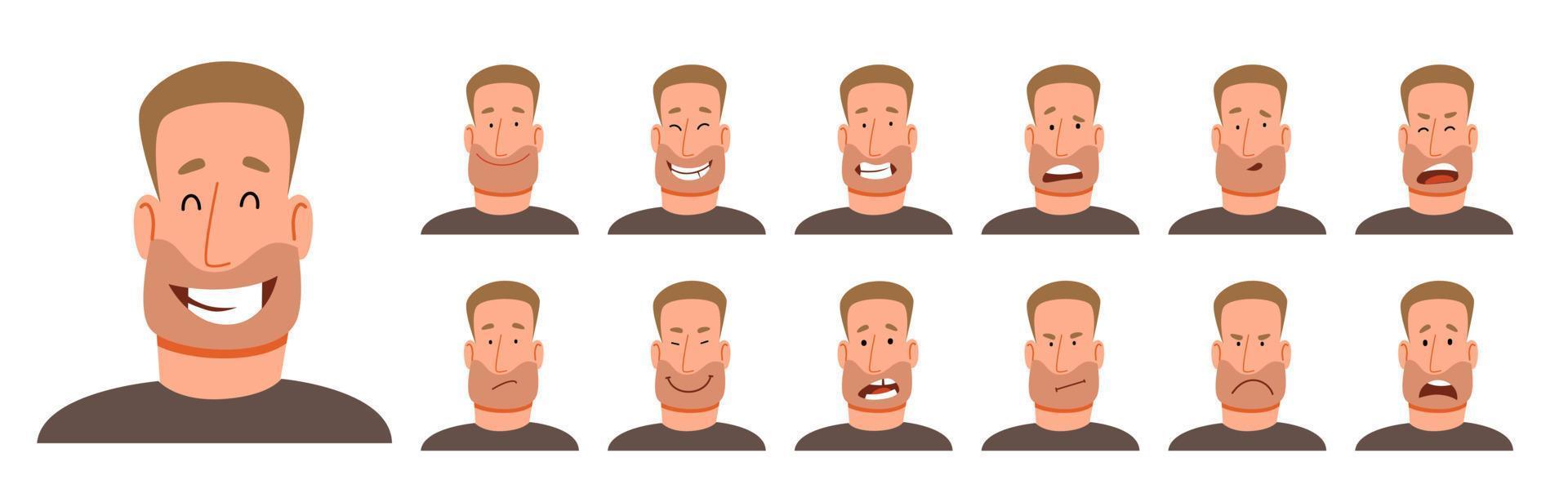set of different emotions of handsome man with stubble. vector