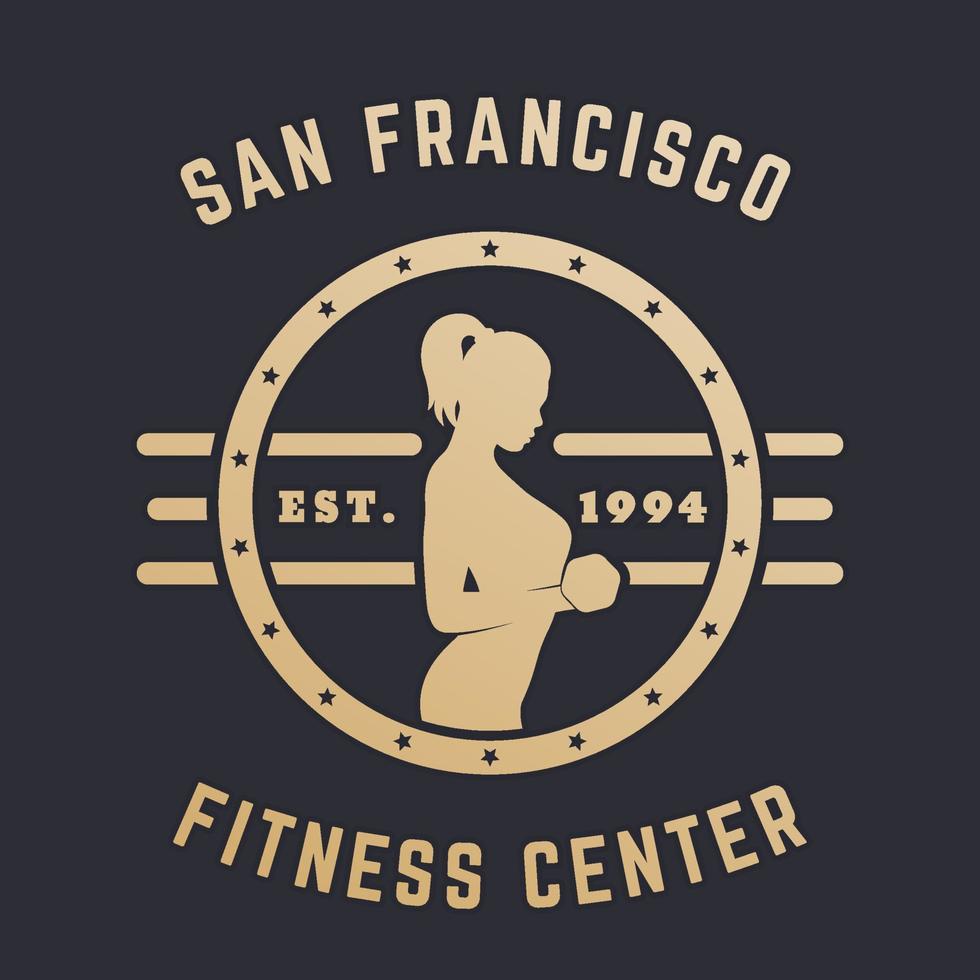 Round Vintage emblem, logo with exercising girl, gold on dark vector