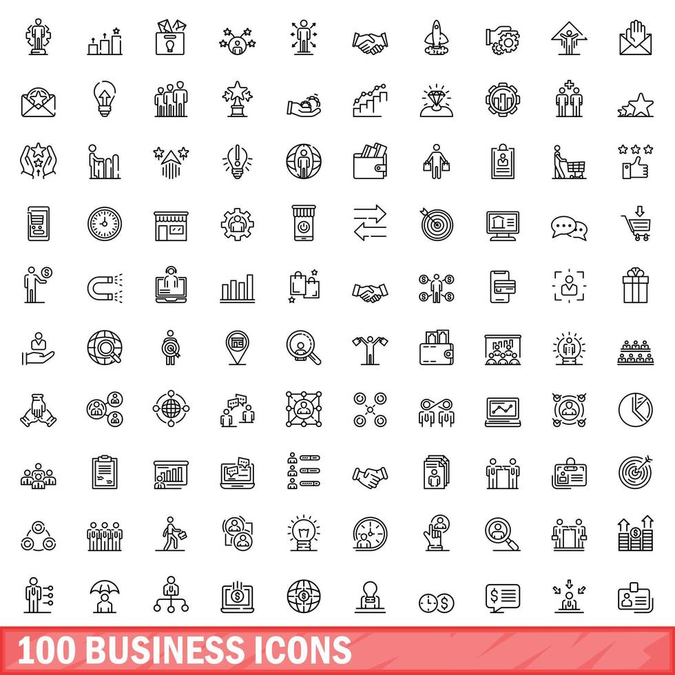 100 business icons set, outline style vector