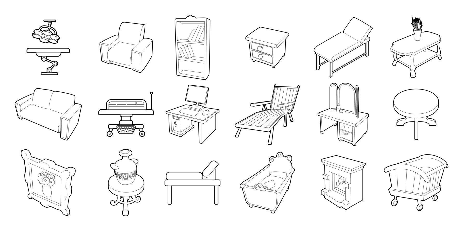 Furniture icon set, outline style vector