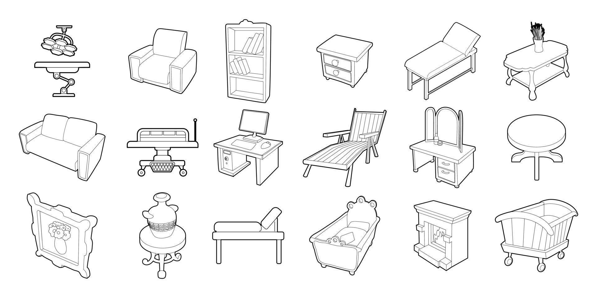 Furniture icon set, outline style vector