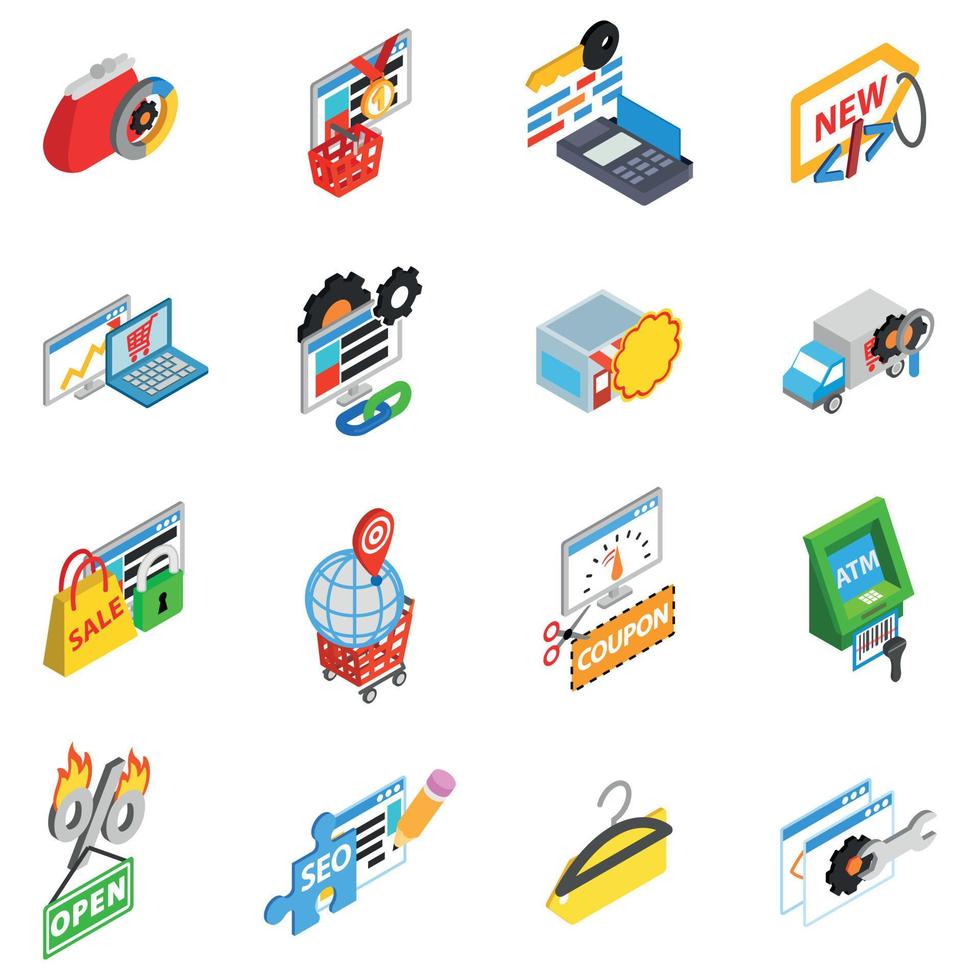 Retailer icons set, isometric style vector