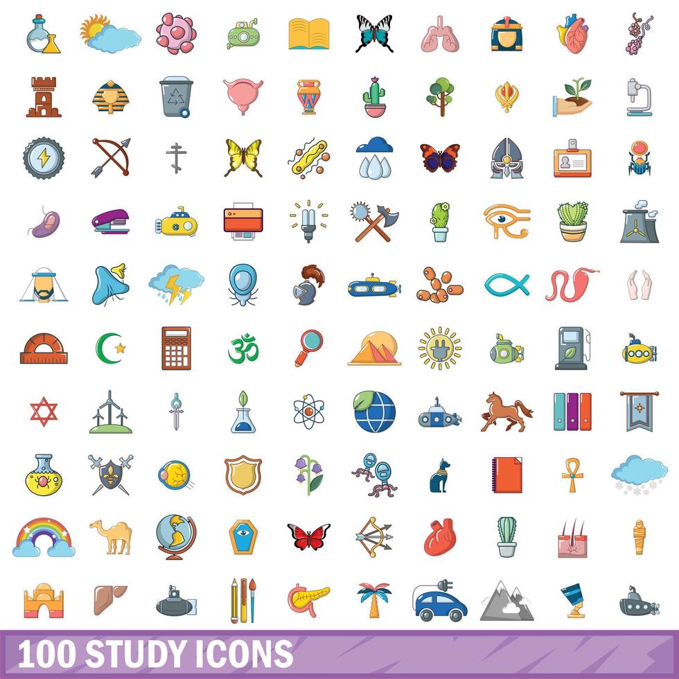 100 iconos de estudio, estilo de dibujos animados vector