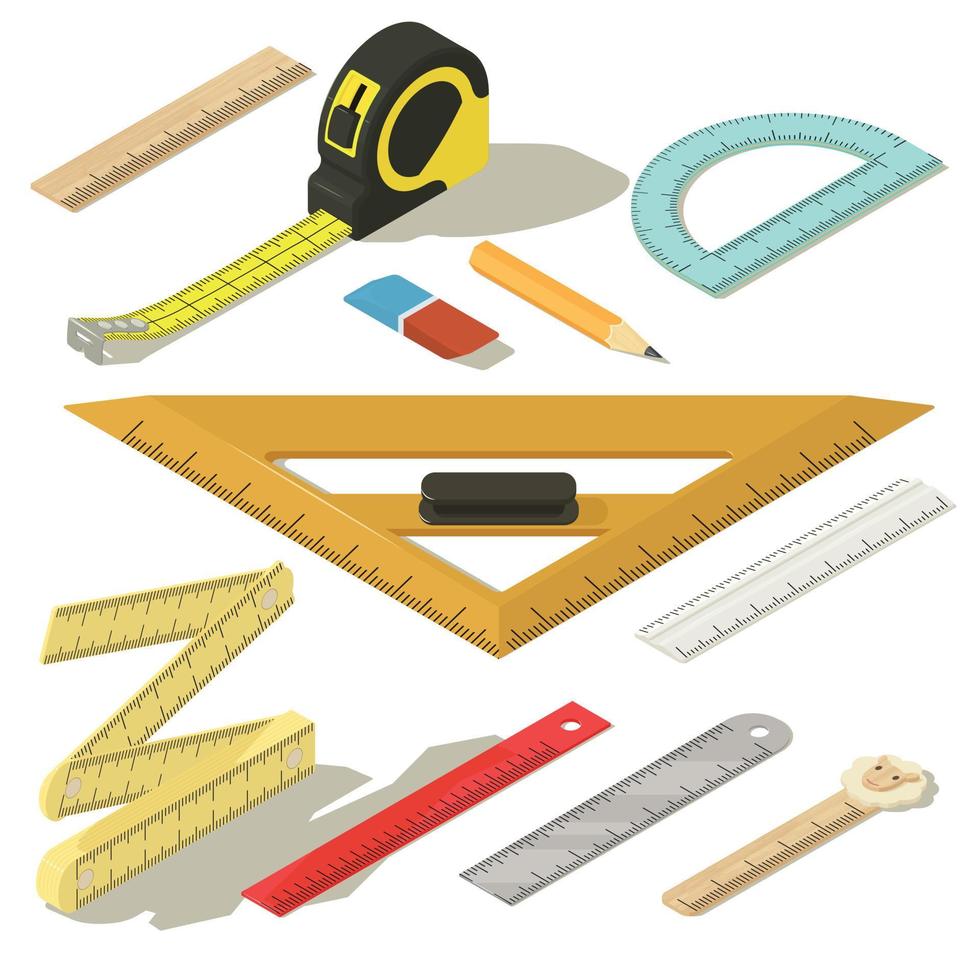 Ruler measure pencil icons set, isometric style vector