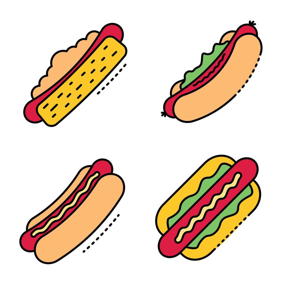 Los iconos de hot dog establecen el vector de color de línea