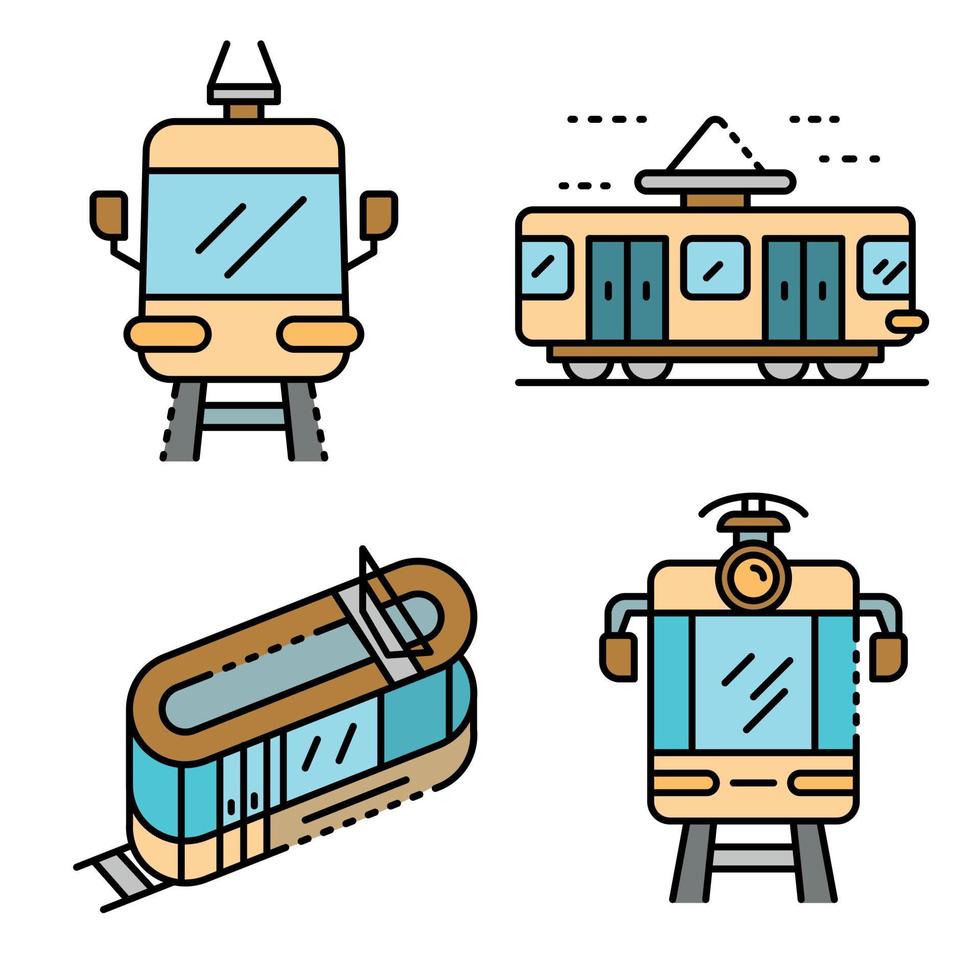 Tram car icons set line color vector