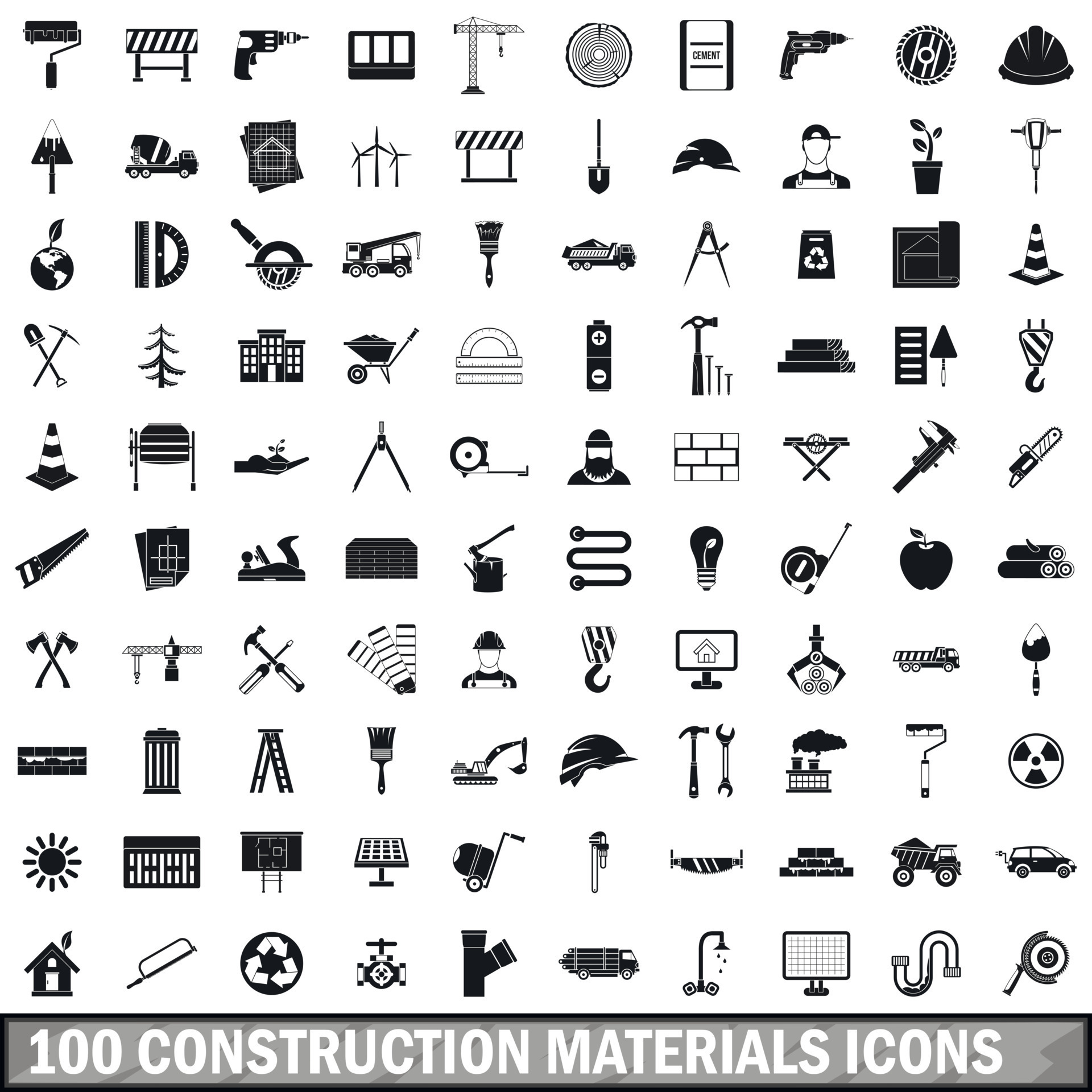 100 construction materials icons set, simple style 8450845 Vector Art