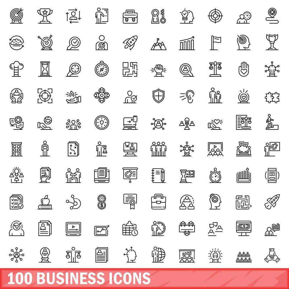 100 business icons set, outline style vector