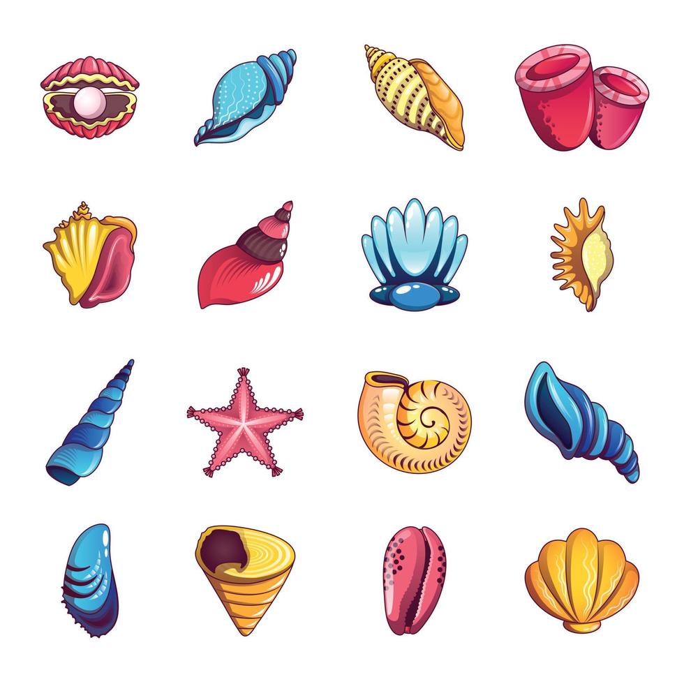 Tropical sea shell icons set, cartoon style vector