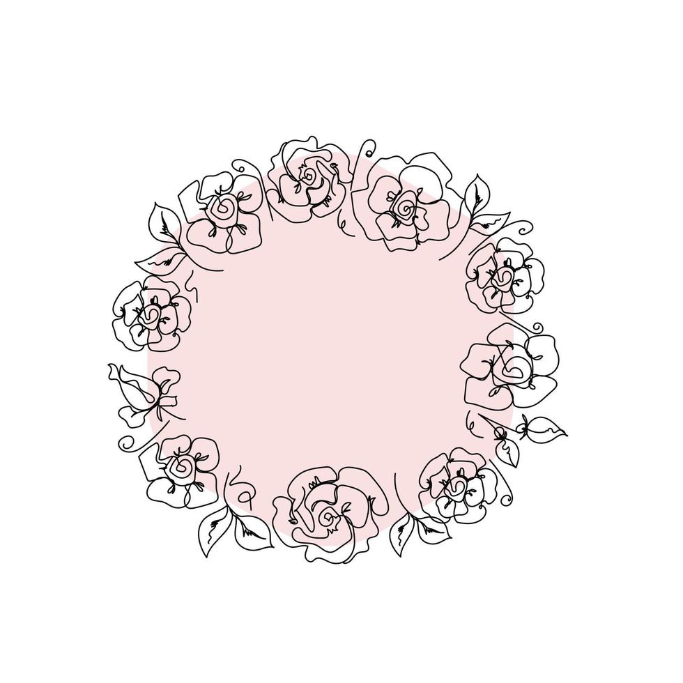 Rose continuous line wreath, outline sketch style vector art, abstract wedding element design.