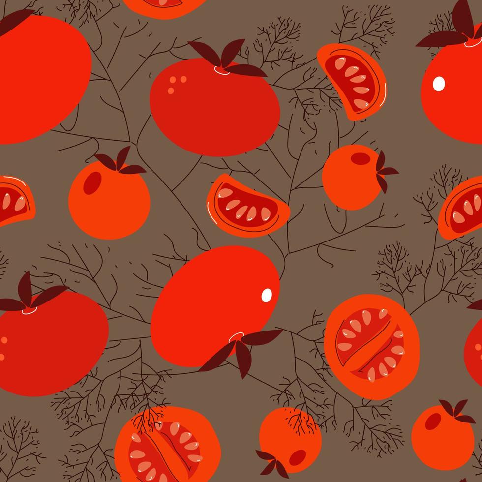 Seamless pattern of red tomatoe and dill, Great set of hand drawn vegetables isolated on white background. Sketch doodld style vector collection.