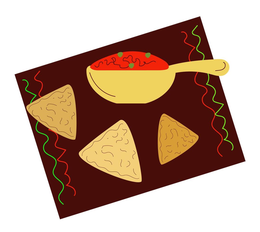 Salsa bowl, Snacks, sauce, chili, nachos, lime, tomatoes, with ingredients. Traditional Mexican food, doodle sketch style vector illustration on white background.