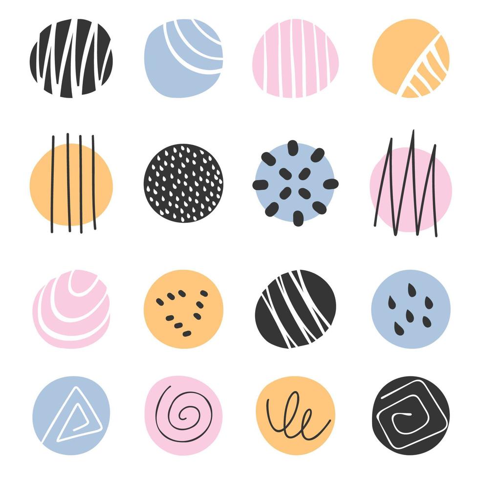 Abstract rounds set. Hand drawn doodle circle shapes with spots, drops, curves, lines, spirals, scribbles pattern. Contemporary pattern, background, posters, social media templates vector illustration