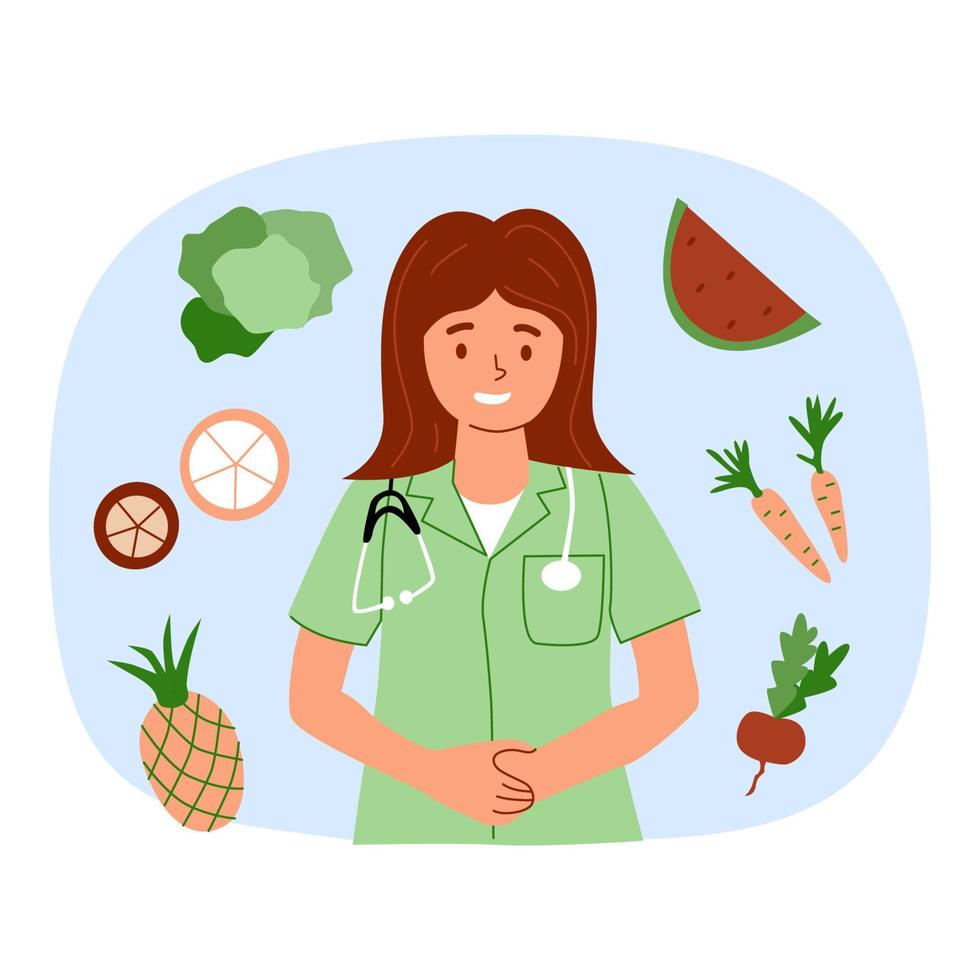 Nutritionist doctor with stethoscope fruits, vegetables and greens. Dietary eating concept, meal planning, nutrition consultation, healthy food. Vector illustration for web coaching, books articles