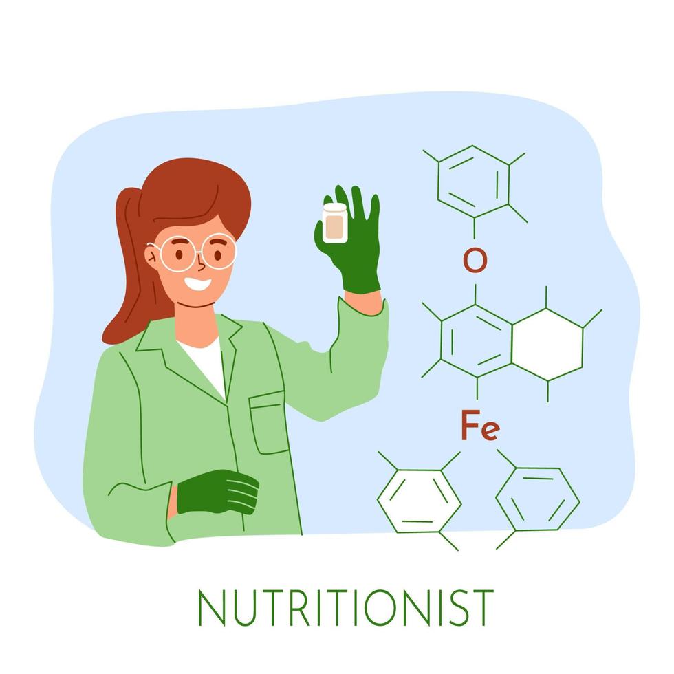 Nutritionist choose individual supplement formula. Pharmacology and medical drugs research, pill innovation. Health treatment with nutritions, lab worker holding pills container vector illustration