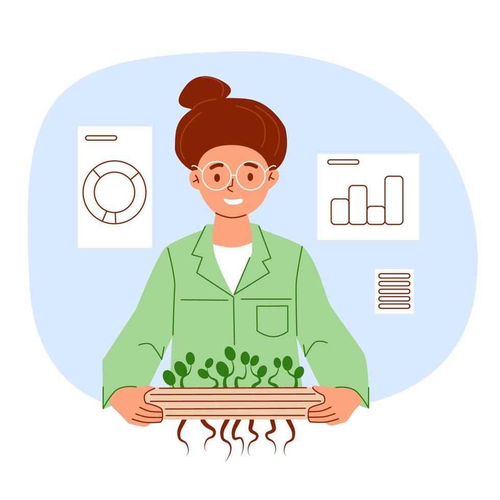 Microgreen for your health concept. The girl nutritionist in glasses sprouts microgreen, diet plan of healthy food, superfoods, happy young scienrist advises to consume microgreens vector illustration