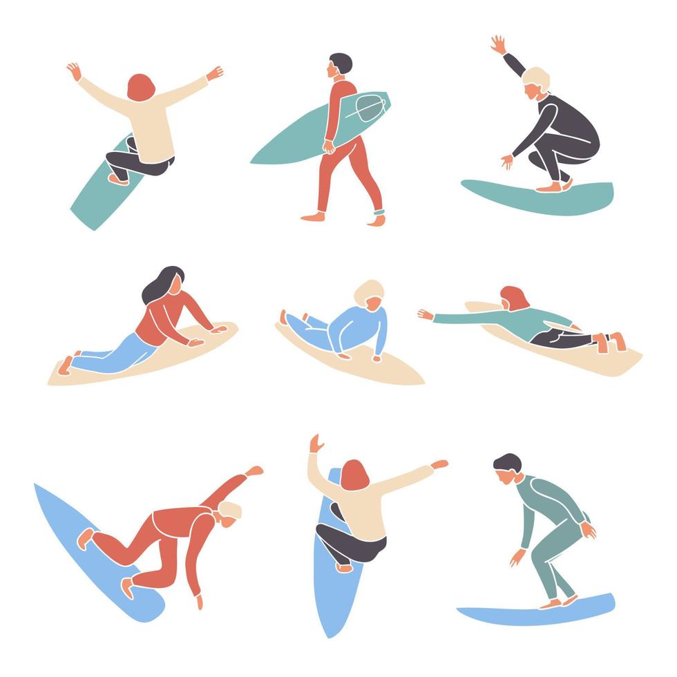 conjunto de estilo plano vectorial de surfistas de niños y niñas mosaico abstracto estilizado. diseño minimalista de jinetes de olas en diferentes poses ilustración vectorial vector