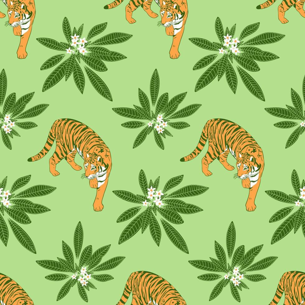 Seamless pattern with walking tiger and tropical plumeria leaves and flowers. Hand drawn exotic cover, textile, fabric, wrpapping paper summer jungle vector illustration