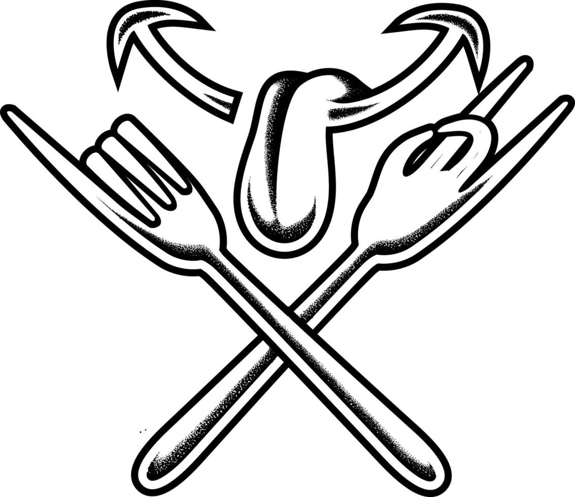 rock and food with fork on white background. Design element for logo, poster, card, banner, emblem, t shirt. Vector illustration