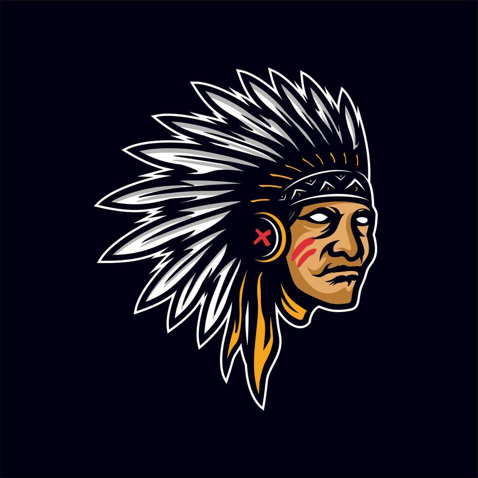 American native chief head mascot. Vector logo or icon, Design element for logo, poster, card, banner, emblem, t shirt. Vector illustration