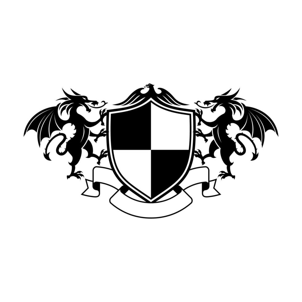 Vector heraldic illustration in vintage style with dragon, eagle, shield and ribbon for design, Design element for logo, poster, card, banner, emblem, t shirt. Vector illustration