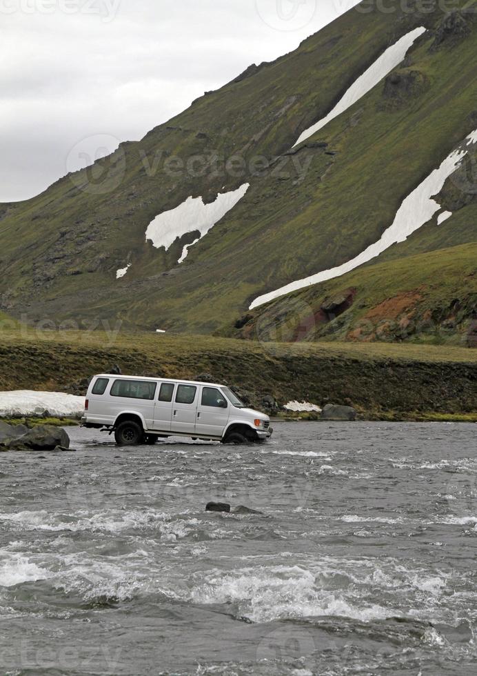 Off-road van entering a glacial river in Iceland photo