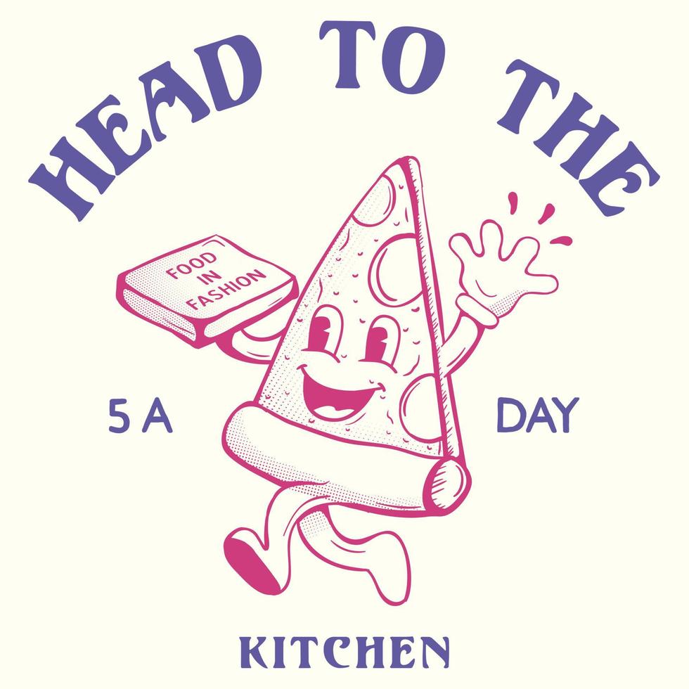 Pizza Slice Funny Cartoon Retro Pizza Character walking vector