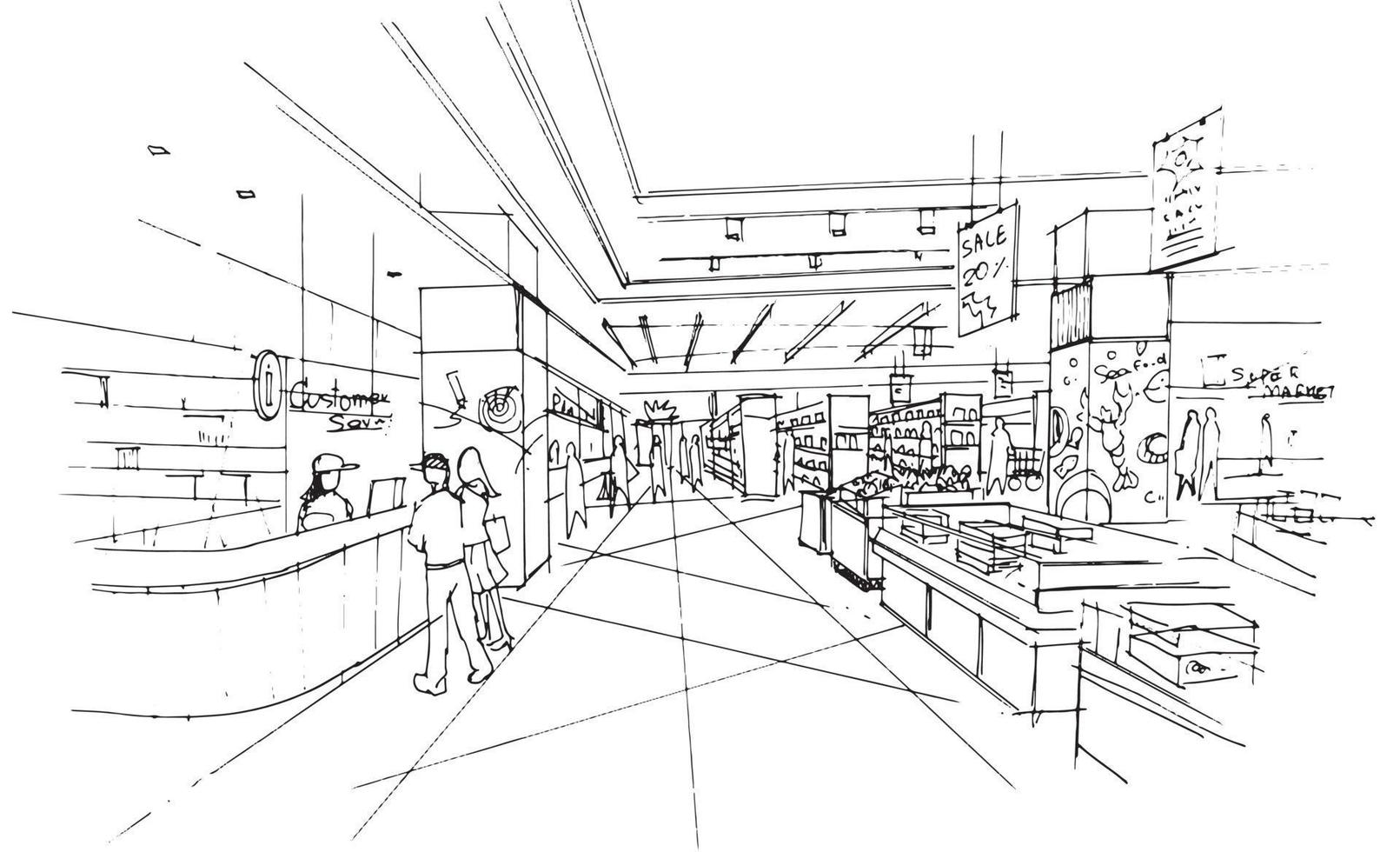 el área del supermercado vende varios productos, dibujo de croquis, diseño moderno, vector, ilustración 2d vector