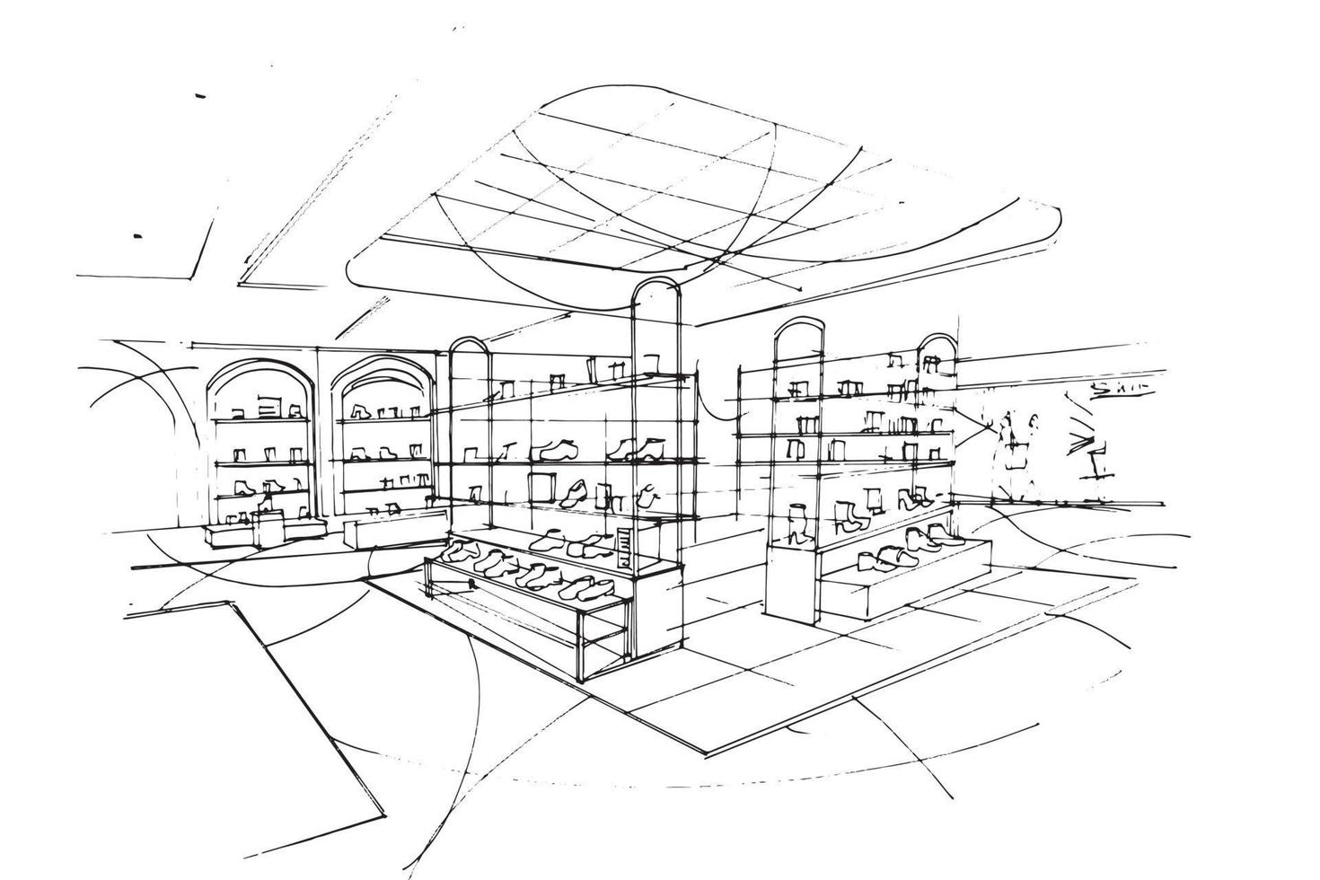 shoe store area sketch drawing,Modern design,vector,2d illustration vector