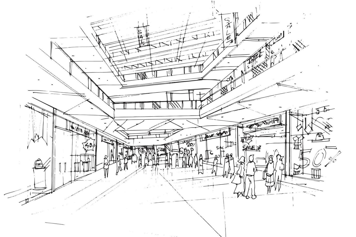 mall sketch drawing,Fashion shops and people walking around.,Modern design,vector,2d illustration vector