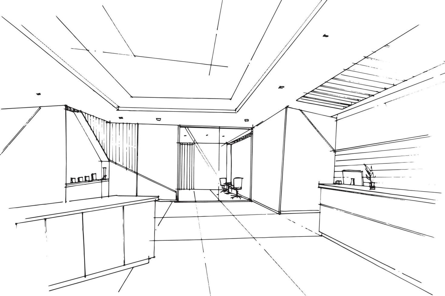 lobby office sketch drawing,office reception area,Modern design,vector,2d illustration vector