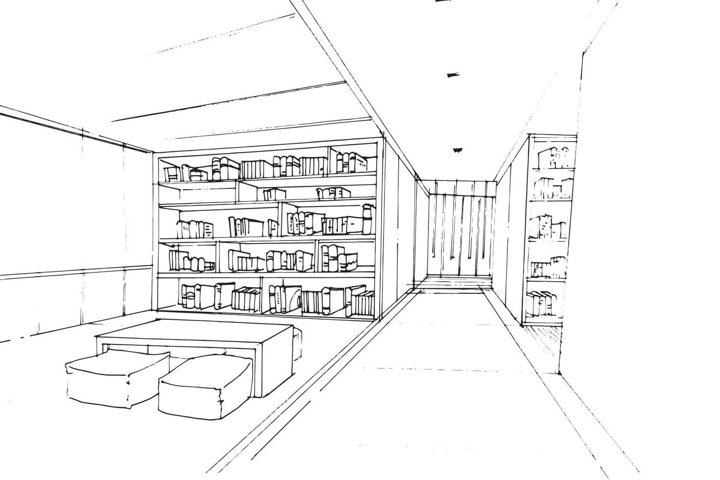 sketch drawing library area and bookshelf with seating and aisle,Modern design,vector,2d illustration vector