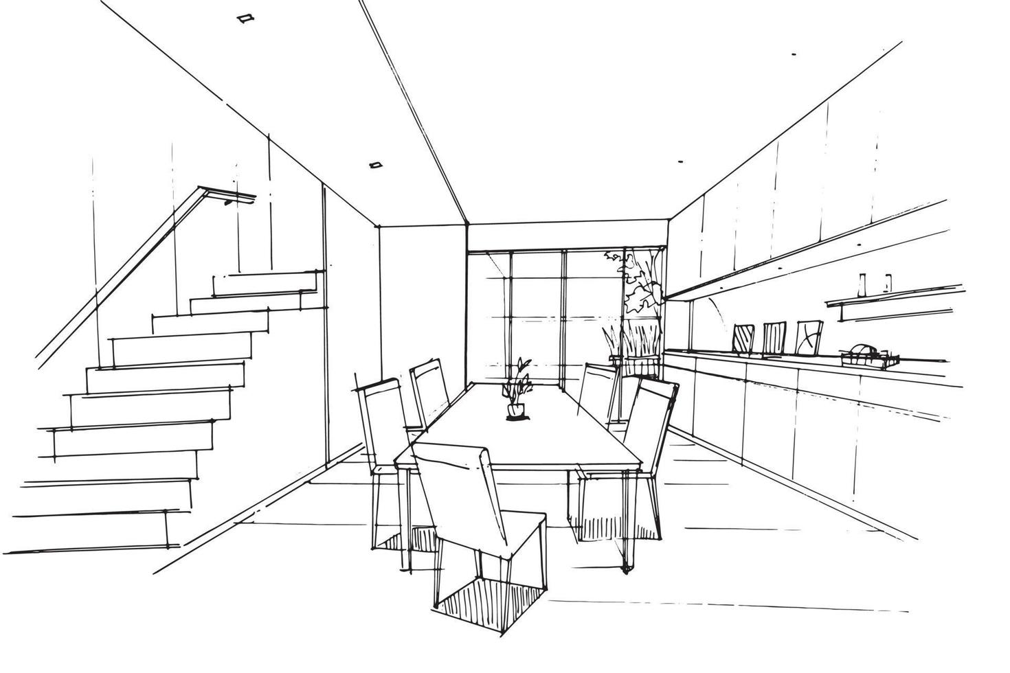 sketch drawing dining area and pantry,Modern design,vector,2d illustration vector