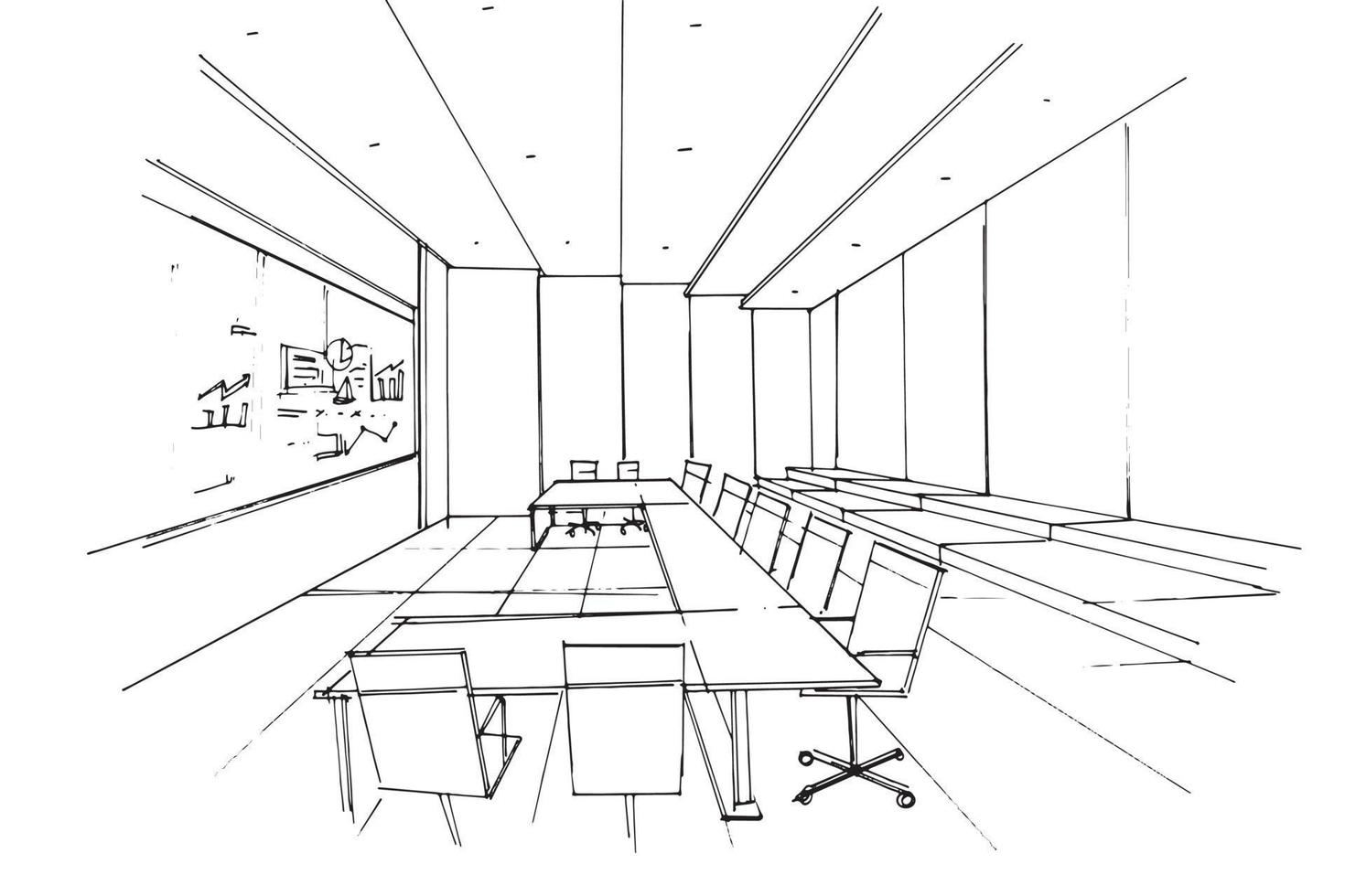 espacio de la sala de reuniones en el dibujo de croquis de la oficina, diseño moderno, vector, ilustración 2d vector
