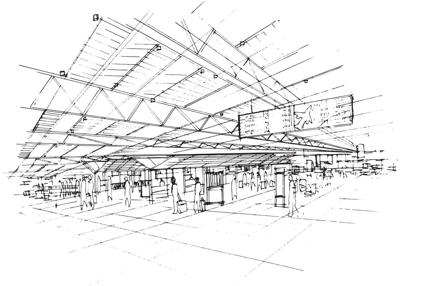 pasillo de dibujo de líneas en el aeropuerto, bocetos de personas que viajan en un aeropuerto internacional, diseño moderno, vector, ilustración 2d vector