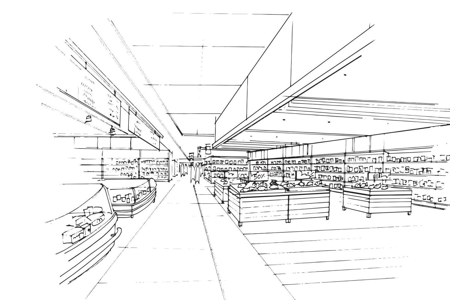 el área del supermercado vende varios productos, dibujo de croquis, diseño moderno, vector, ilustración 2d vector