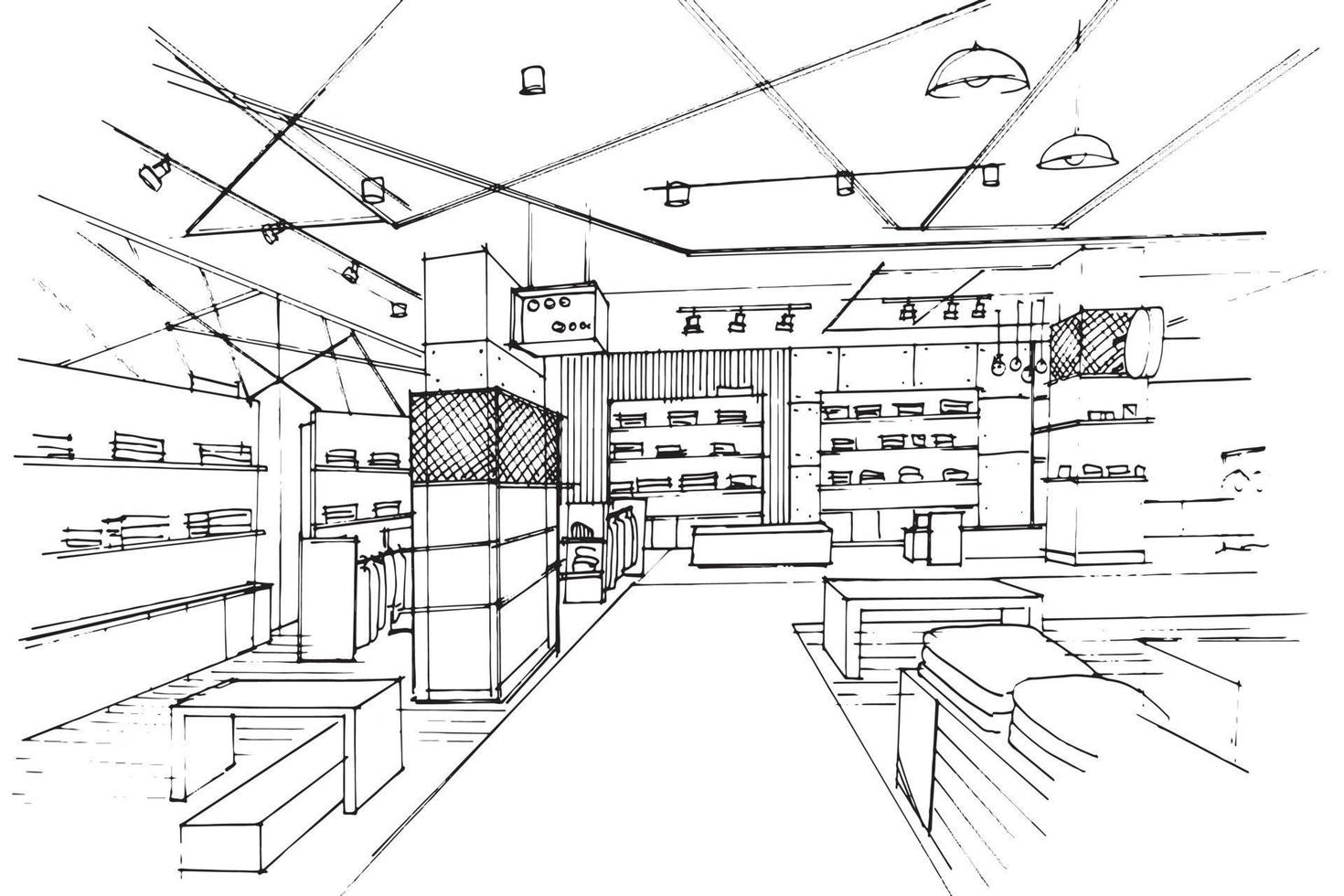 dibujo de croquis del corredor de la tienda de ropa, diseño moderno,  vector, ilustración 2d. 8452658 Vector en Vecteezy