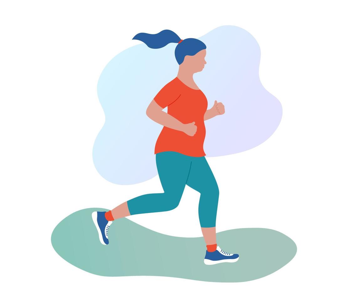 trotar mujer regordeta al aire libre. concepto de pérdida de peso. chica gorda corriendo en ropa deportiva. correr por la mañana en el parque. ilustración vectorial plana vector