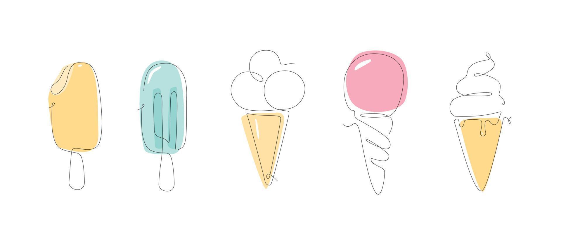 helado de una línea. juego lineal simple de helado. delinear el conjunto de verano. colección de símbolos de verano y vacaciones. tipo de helado. vector