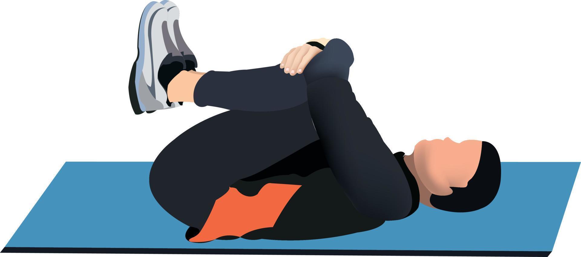 Postural gymnastics exercise. The illustration shows a man on a mat performing a stretching exercise. vector