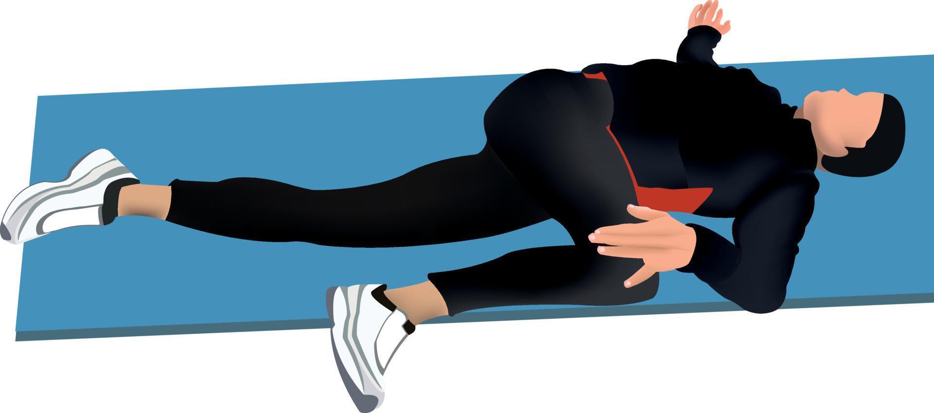 ejercicio de gimnasia postural. la ilustración muestra a un hombre sobre una colchoneta realizando un ejercicio de estiramiento. vector