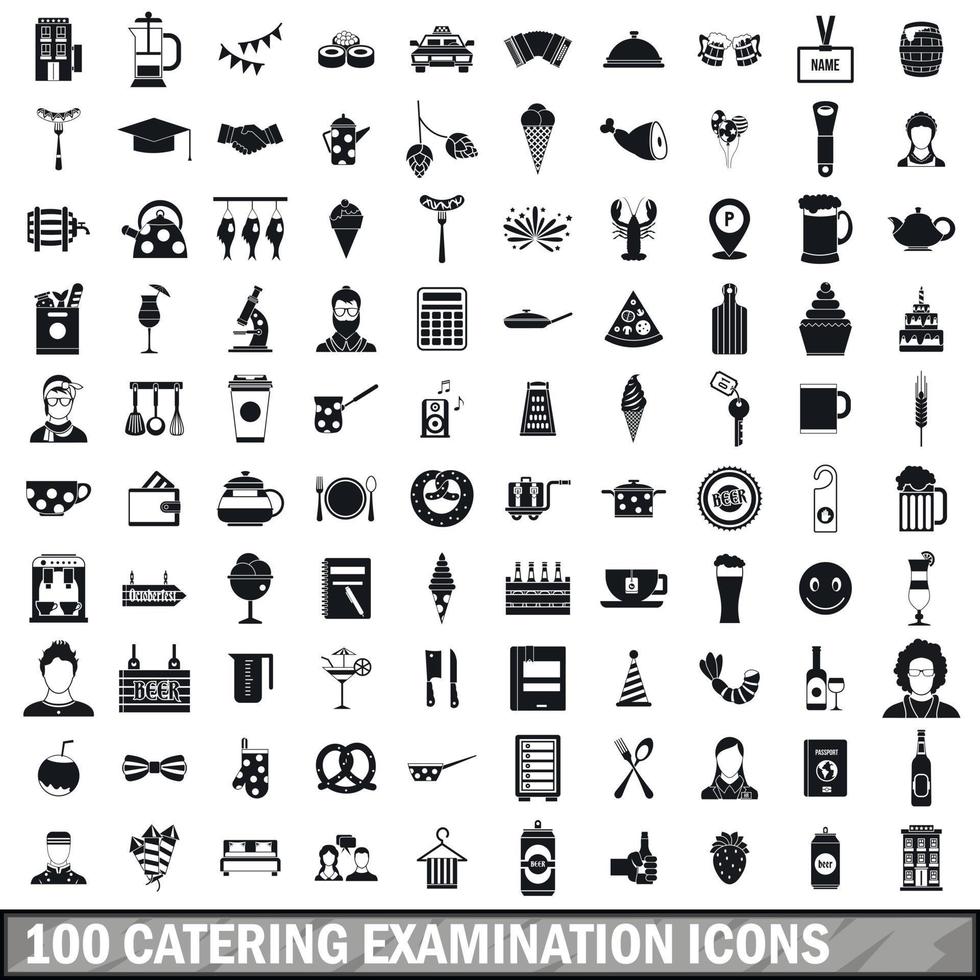 100 conjunto de iconos de examen de catering, estilo simple vector