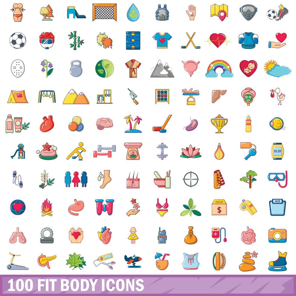 100 conjunto de iconos de cuerpo en forma, estilo de dibujos animados vector